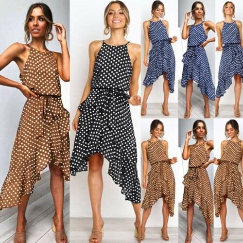Womens Summer Fashion Hot Boho Dress Polka Dot Party Cocktail Ladies Sundress Sleeveless Irregular Fashion Sexy