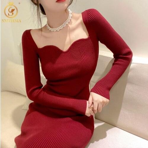 SMTHMA New Autumn Winter Slim Knit Dresses Womens Elegant Bodycon Korea Chic Dress Vestidos