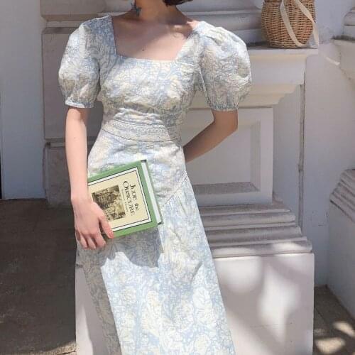 French Vintage Floral Dress Women Square Collar Design Slim Party Dress Female Chiffon Puff Sleeve Wedding Party Midi Dress 2021