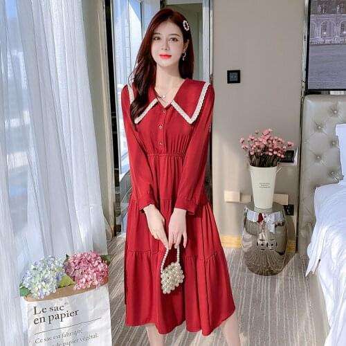 Autumn Womens Dress 2021 Spring New Office Lady French Style Vintage Long Sleeve Solid Chiffon Elastic Waist Dresses Traf Robe