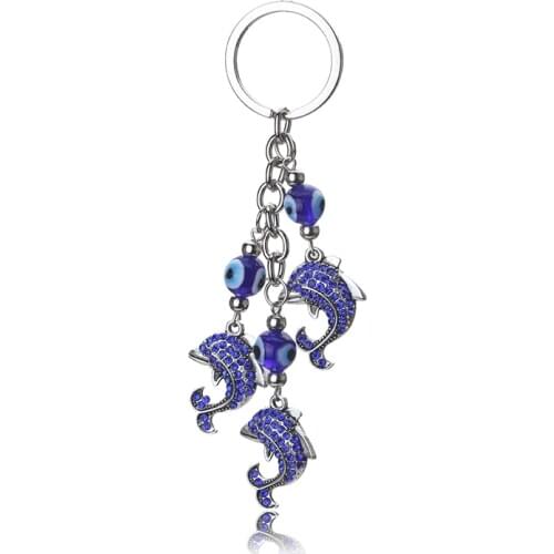 1pc Blue Evil Eye Charms Keychain Crystal Dolphin Pendent Tassel Key Chain Vintage Alloy Car Key Chain Fashion Jewelry
