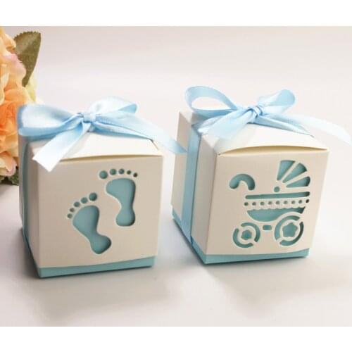 10pcs Baby Shower Feet Cardboard Dragee Candy Gift Box Bonbonniere Wedding Favor Gift Chocolate Cookie Packaging with Ribbon