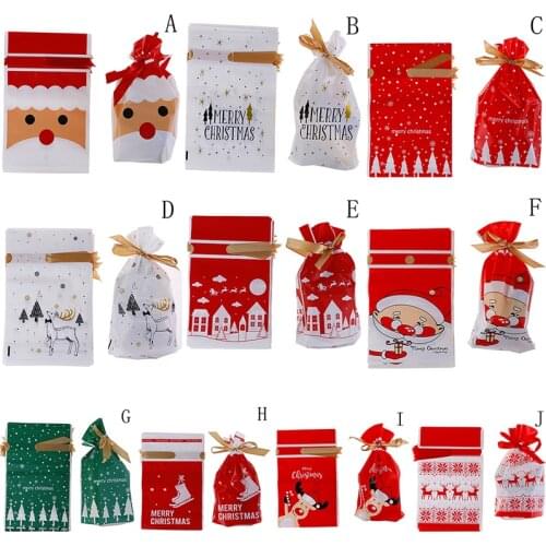 10pcs Christmas Plastic Candy Bags Santa Claus Elk Candy Sweet Treat Bags Xmas New Year Biscuit Bags Gift