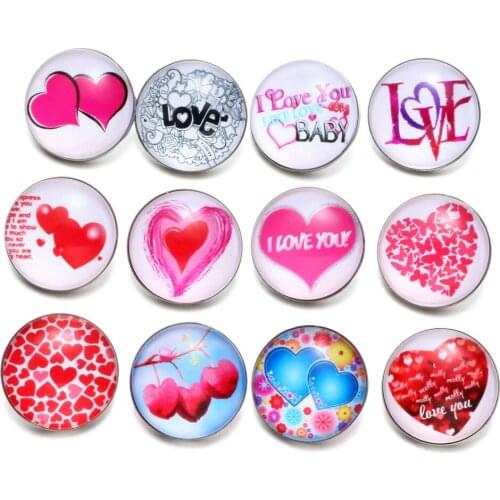 12pcs/Lot I Love You Pattern Glass Charm 18mm Snap Button Jewelry For 18mm Snaps Bracelet Snap Jewelry KZ0516