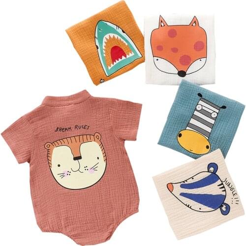 2021 0-24M Cute Baby Boy Girl Cartoon Romper Animal Print Back Short Sleeve Button Summer Playsuit Soft Cotton Linen Clothes