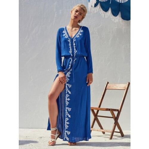 2021 new floral embroidery V-neck long dress long sleeve stretch waist elegant holiday dress cotton boho chic maxi long dress
