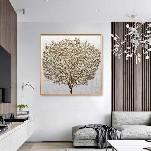 Abstract Golden Tree Wall Art Canvas Painting Modern Minimalist Posters And Prints Square Decorative Pictures for Living Room