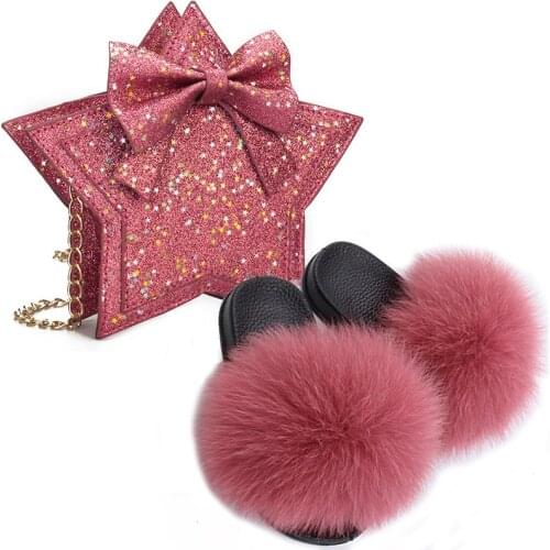 Baby Shoes Childrens Fox Fur Slippers New Fur Fur Slippers Cute Girls Bag Messenger Bag One-Shoulder Bow Bag