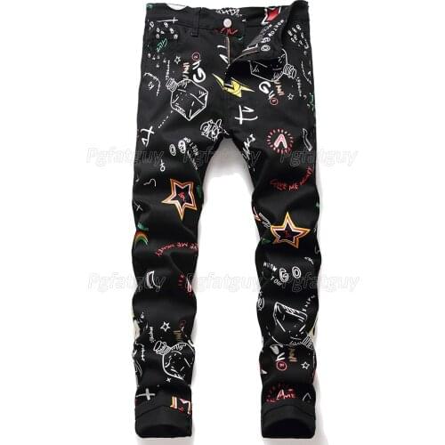 Mens Fashion 3D Graffiti Printed Jeans Hip Hop Streetwear Denim Pants For Male Slim Black Flower Trousers Pantalons Pour Hommes