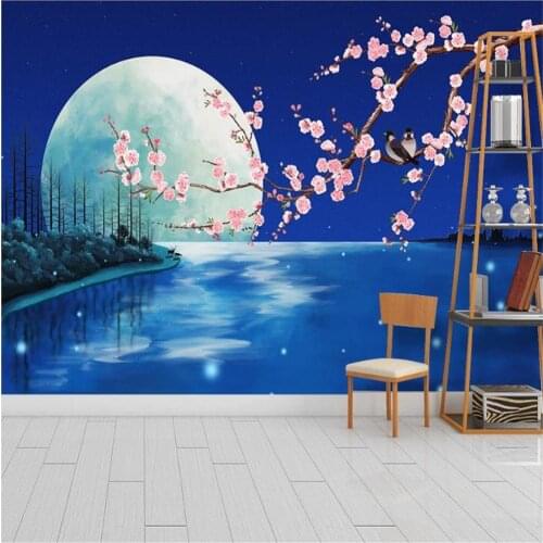 Fantasy blue moonlight flower and bird plum background wall decoration painting beautiful scenery wallpapers