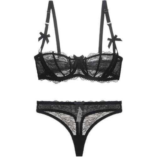 Lace Half Cup Bra Set With Thong Transparent Lingerie Hot Erotic Bra And Panty Set Plus Size Big Small Underwear 30 40 D E Cup