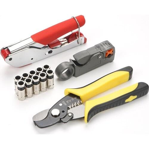 Multitool Wire Stripping Squeezing Pliers Coaxial Cable Manual Crimping Tool Set Kit with 20Pcs F Heads