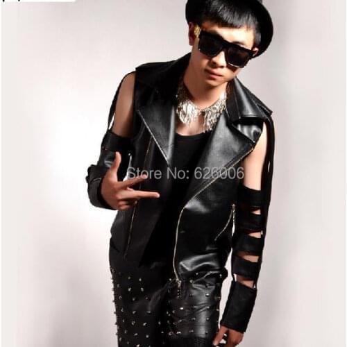 Original designed Male Cutout sleeve stage performances,Punk Motorcycle Pu Leather Costumes ,Korean mens Jackets
