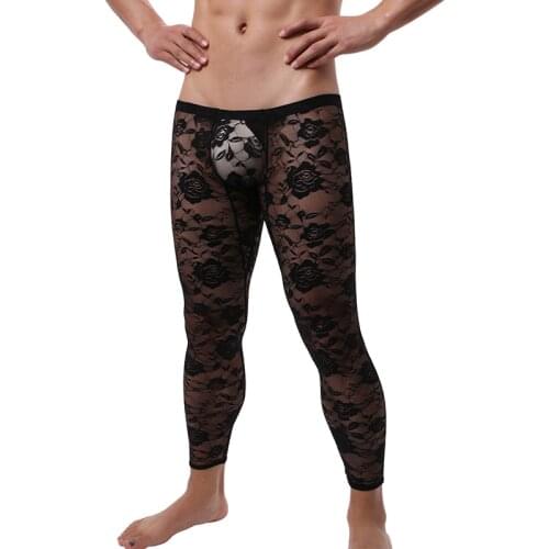 Men 2021 Sexy Sheer Leggings Rose Flower Lace Slim Fit Pants Men Male Gym Muscle Crop Top Costumes Gay Underwear