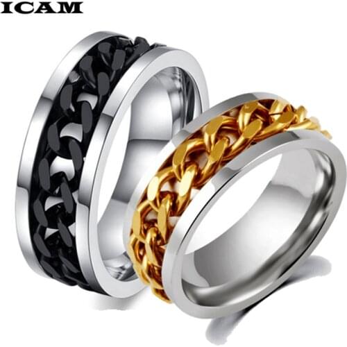 ICAM 8mm Cool Black Spinner Chain Ring for Men Stainless Steel Rotatable Links Punk Male Anel Alliance