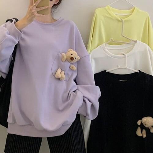 New Spring and Autumn Womens Hoodie Fashion Loose Cute Bear Mid-length Pullover Outdoor Leisure Sports Long Sleeve Top