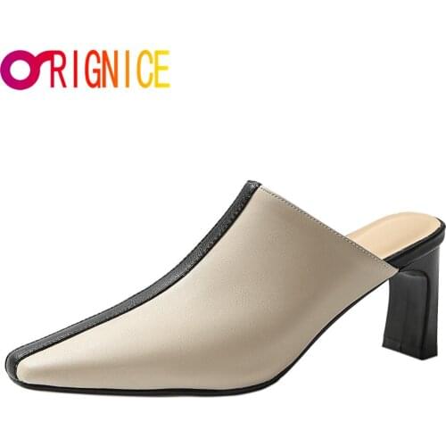 Orignice 2021 Women Brand Slip On Mules Mixed Color Design High Heels Square Toe Hand Sewn Genuine Leather Office Lady Shoes