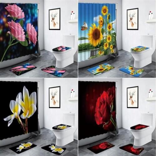 Rose Yellow Sunflower Rural Scenery Floral Shower Curtains Butterfly Flowers Plant Bathroom Decor Non-slip Rugs Toilet Mats Sets