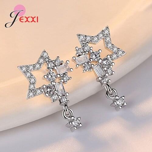 925 Sterling Silver Statement Earrings Cubic Zirconia Stone Inlay Paved Setting Star Hanging Dangle Modern Ear Brincos Jewelry