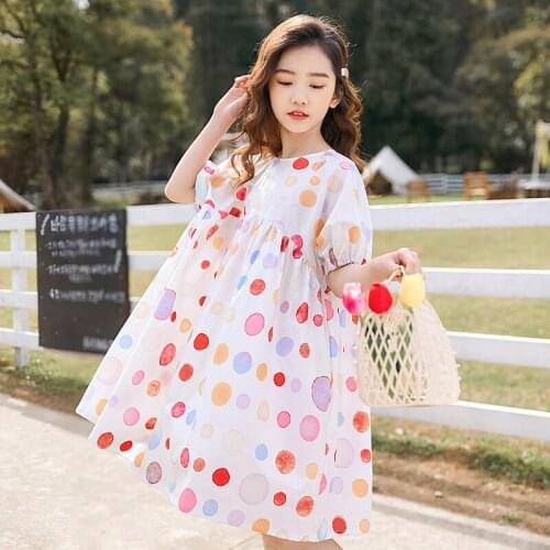 Girls Loose Princess Dress Summer 2021 New Kids Cute Polka Dot Princess Teen Party Dress Girls Cotton Comfortable Dress