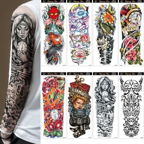 Waterproof Temporary Full Arm Tattoos Men Women Cool Leg Art Black Fish Dragon Skull Sleeve Large Fake Sticker Glitter Style