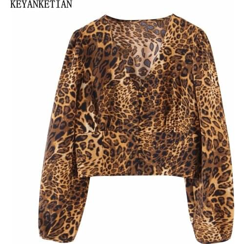KEYANKETIAN Womens Leopard Print Short Shirt Fashion Belted Shirt Sexy Deep V Neck Top Elegant Outerwear