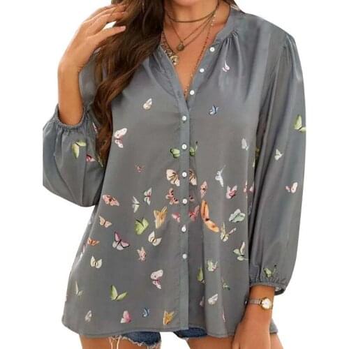 Butterfly Print Chiffon Long Sleeve Turn Down Collar Button Shirt Women Casual Office Work Wear Plus Size Streetwear Tees
