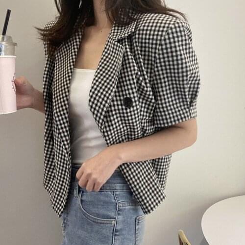 Women Coat Vintage Plaid Suit Blazer Jacket Loose Elegant Summer Blazers 2021 Double Breasted Lapel Short Sleeve