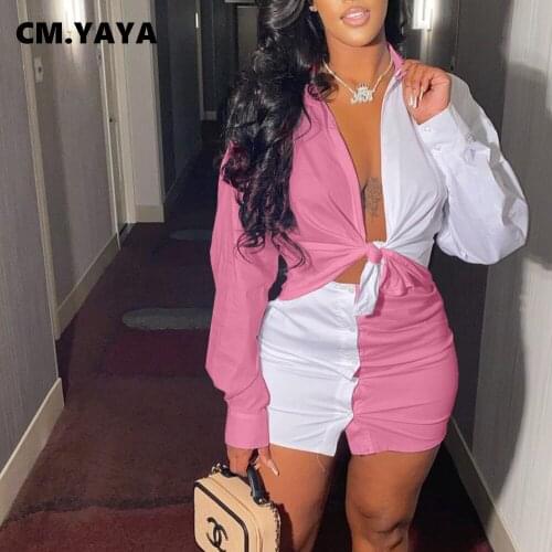 CM.YAYA Women Patchwork Two 2 Piece Set Tie Up Shirt Tops and Midi Mini Skirts Matching Set Outfits Streetwear INS Tracksuit