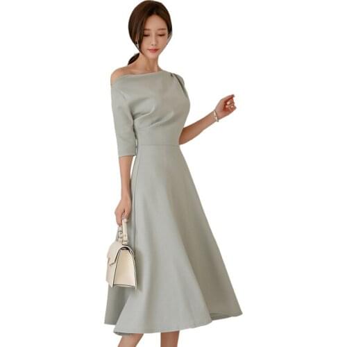 Spring autumn ladies new Korean dress elegant temperament word shoulder waist was thin long section A word dress A826