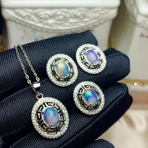 Classic Silver Opal Jewelry Set 4 Pieces 5mm*7mm Natural Opal Sterling Silver Opal Ring Earrings Pendant Set for Party