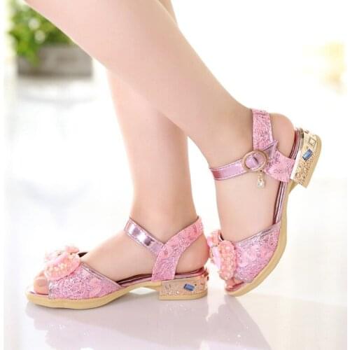 2020 Latest Princess Kids Shoes for Girls Casual Glitter Children High Heel Butterfly Knot Pink Gold Summer Girls Sandals
