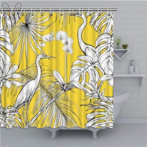 Yellow Bathroom Curtain Tropical Plants And Flowers Printed Shower Curtain Polyester Fabric Bath Decor Curtain Shower Sets