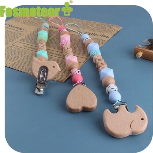 Fosmeteor Baby Animal Pacifier Clip Chain Silicone Beads No BPA Wooden Holder Soother Pacifier Clips Nipple Holder for Infant