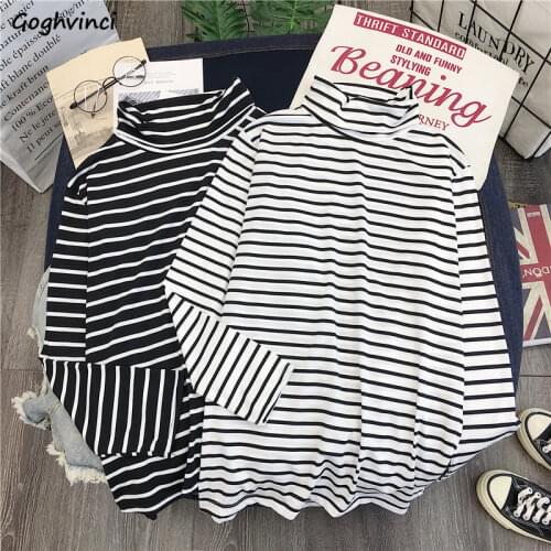 T Shirt Women Turtleneck Plus Size Korean Clothes Striped Simple All Match Womens Long Sleeve Tops High Quality Ulzzang Casual