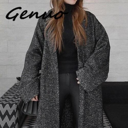 Genuo Female Jackets Lapel Long Sleeve Loose Oversize Black Lace Up Coat Fashion Casual Clothes Autumn Winter Womens Coats