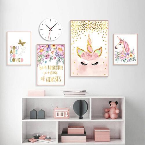 Nursery Canvas Painting Print Pink Horse Child Poster Animal Gold Foil Wall Art Nordic Baby Girl Room Decoration Picture Decor