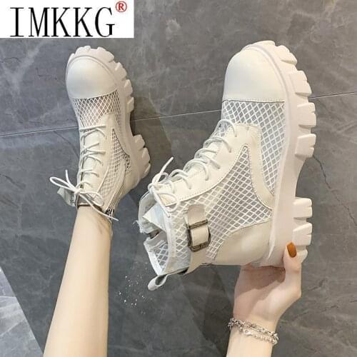 Classic Women Thick Bottom Black Mesh Summer white platform boots Round Toe Zipper Lace Up Shoes Woman High Heels Ankle Botas