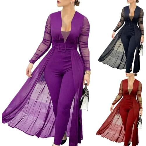 Fashion Woman Jumpsuit Solid Color Skinny Playsuit Women Long Sleeve Sheer Patchwork Waist Tight Belt Overall for Party Rompers