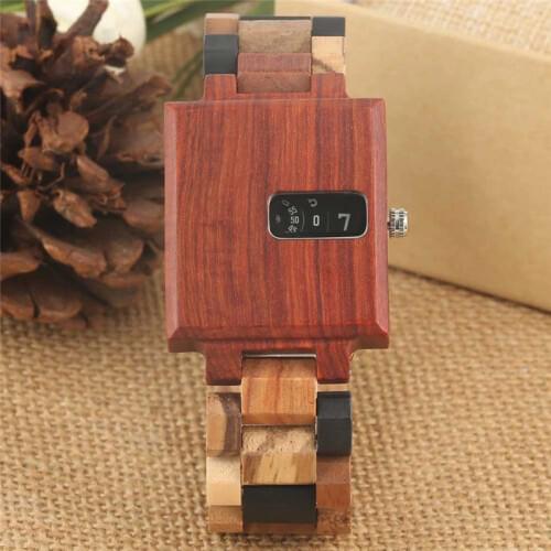 Creative Square Wood Watch Ebony Wooden Watches Quartz Mixed-color Band Solid Folding Clasp Wooden Wristwatch montre homme