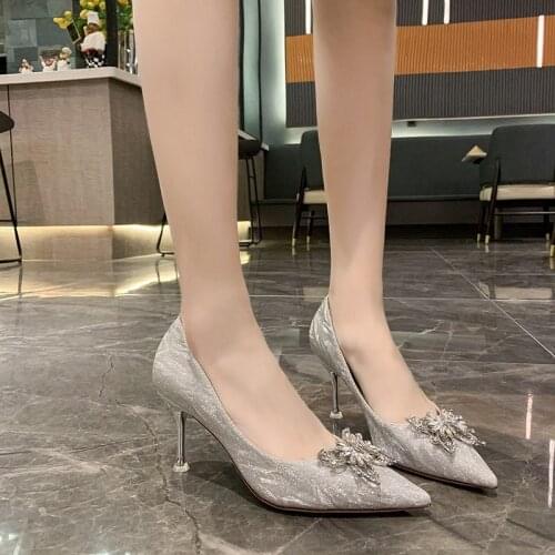 LLOGAI Rimocy Elegant Bling Crystal Gold Womens Pumps Spring Sexy Pointed Toe High Heels 7 CM Sweet Butterfly Single Shoe Woman