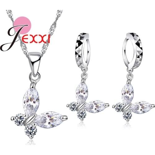 Women Best Gift Sterlling Silver Cubic Zirconia Cute Butterfly Pendant Necklace Crystal Drop Earrings Brincos Collar
