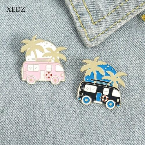 XEDZ Fashion coconut tree tourist car enamel brooch cartoon pink blue car Hawaiian vacation brooch punk clothing pendant jewelry