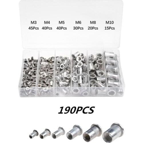 190Pcs Mix Rivet Nut M3 M4 M5 M6 M8 M10 Aluminum Alloy Rivet Nuts Flat Head Threaded Insert Cap Set