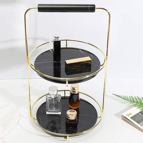 Natural 2 Layer Marble Vanity Tray, Gold Metal Dessert Cupcake Stand, Cosmetics Jewellery Perfume Organizer with Removeable Tray