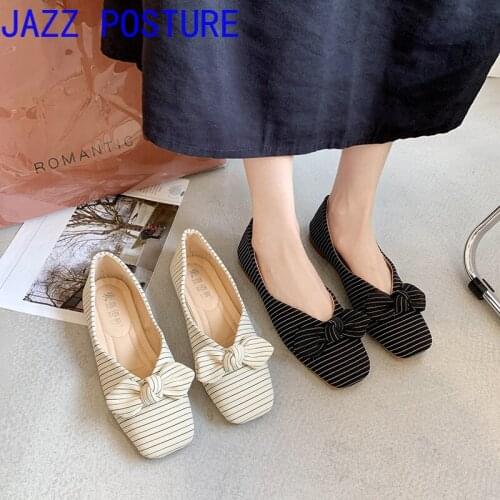 Fall 2021 new womens striped bowknot flat shoes, no lace-up sleeves, black striped shoes w236