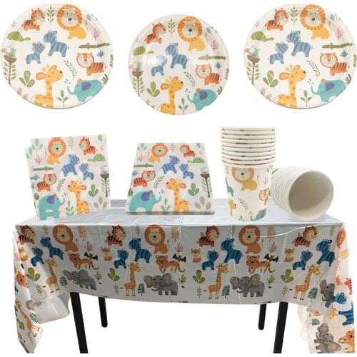 Jungle Animals Disposable Tableware Paper Plates Cups Napkins Tablecloth Baby Shower Safari Kids Birthday Party Decor Supplies