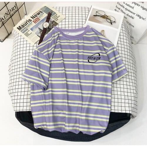 Harajuku Stripe Couples Tshirt Loose Vintage Korean Version Unisex Clothes Youthful Vitality Clothes Hot Sale Hip Hop Streetwear