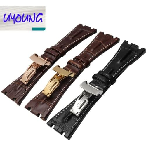 Watch band 28mm New Men High Quality Genuine Leather Watchbands Strap With Rose Gold Deployment Steel Watch buckle Clasp