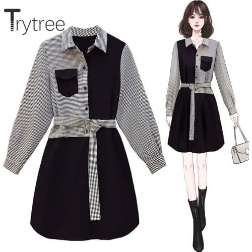 Trytree 2021 Spring Autumn Womens Dress Casual Belt Turn-dow Collar Pocket Single Breasted Knee-Length Office Lady Shirt Dress